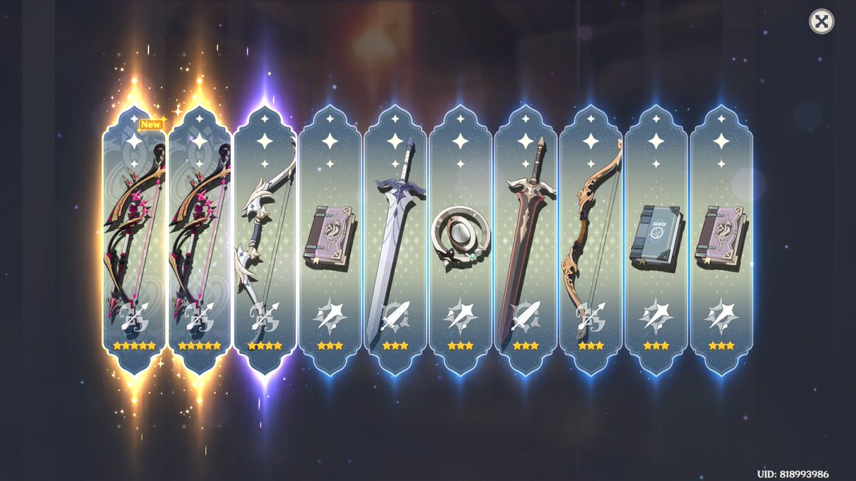 starrylotus's tweet photo. WHAT THE FUCK I WAS TRYING TO PULL FOR ARLECCHINO'S WEAPON AND I GOT 2 OF LYNEY'S BOWS ON 50 PULLS 😭😭😭 https://t.co/tFOWqylLpM