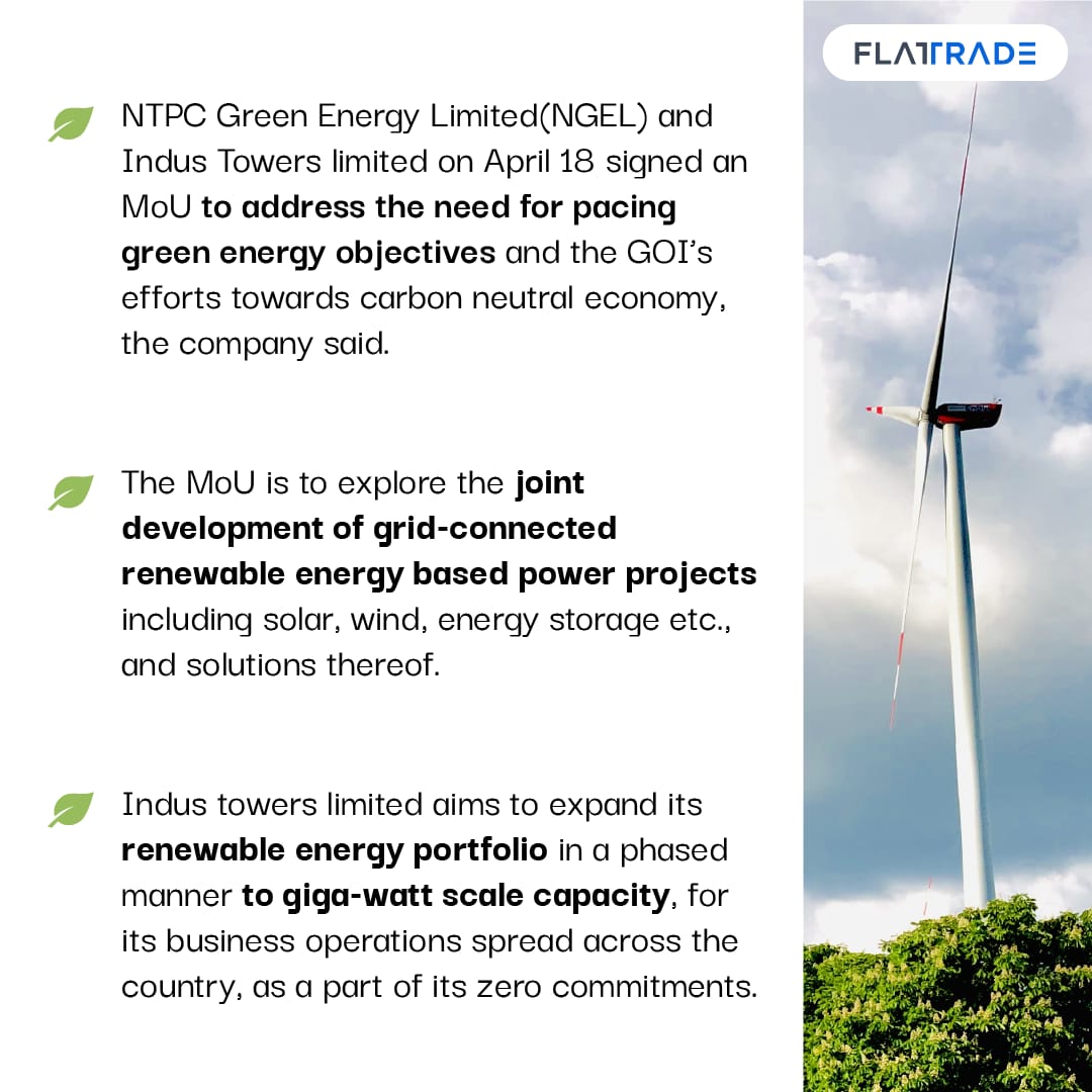 NTPC signs MoU with Indus Towers to pace up the green energy objectives and the GOI’s efforts towards carbon neutral economy    
 
#GreenEnergy #NTPC #IndusTowers #SustainableFuture #CarbonCentral #StockMarkets #StocksToWatch #StocksInFocus #MarketsWithFT