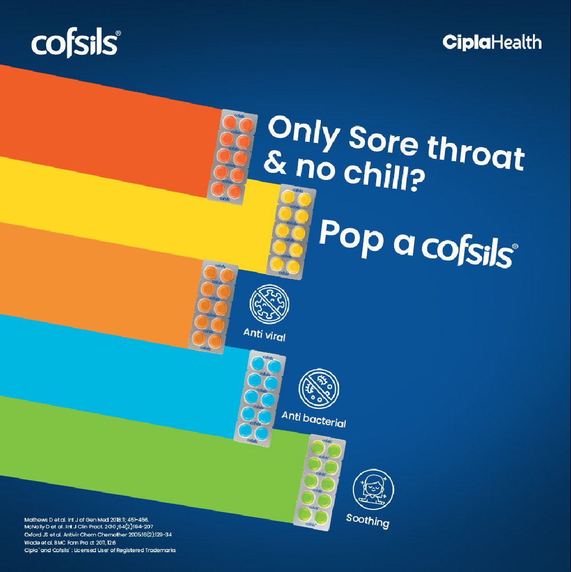 Sore throat got you down? Pop a Cofsils, chill and rebound! 😎​ ​ #Cofsils #Cipla #QuickRelief #SoreThroat #Orange #LemonHoney #GingerLemon #FreshMint #lozenges #Antiviral #Antibacterial