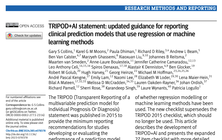 TRIPOD+AI is a new reporting guideline led by @UniofOxord researcher @GSCollins for #artificialintelligence studies developing or validating prediction models in healthcare powered by #machinelearning methods

bmj.com/content/385/bm…

#OxfordAI #ethicalAI