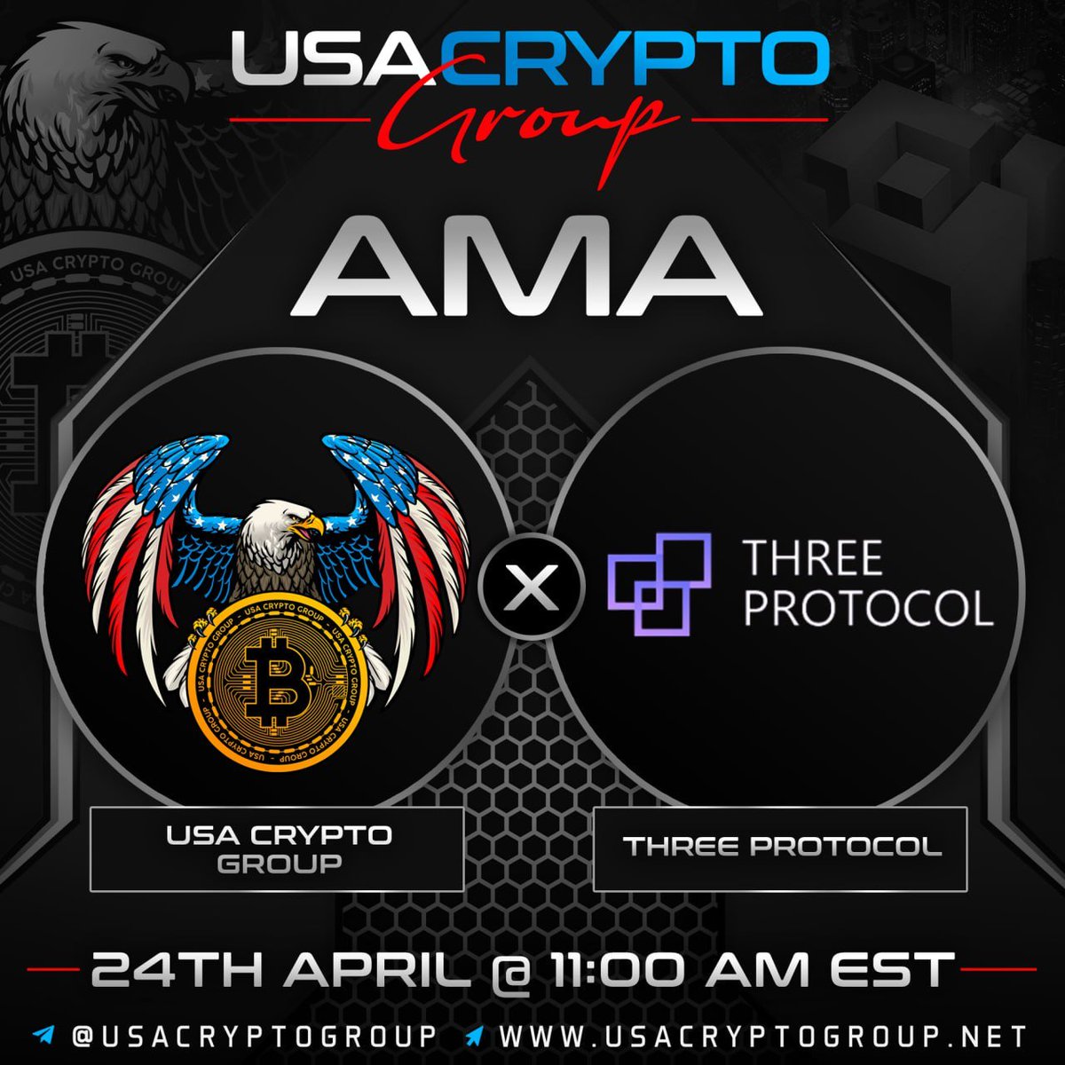 Venue: Three Protocol AMA Total Prize Giveaway: $80 Location: t.me/UsaCryptoGroup………… Twitter Cash Price: $15 Rules: Follow & Join @ThreeProtocol @USACryptoGroup -Like, RT, comment