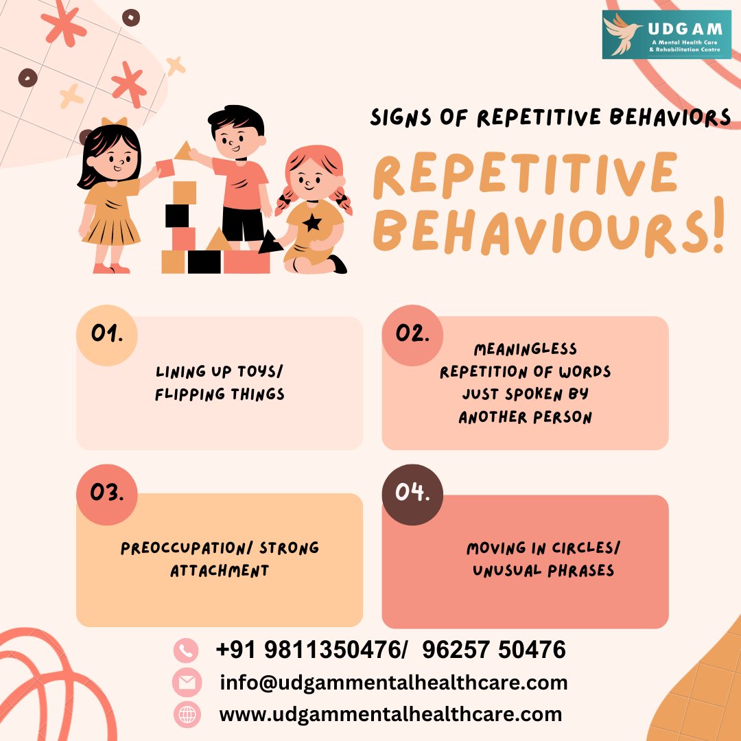 Discover the significance of repetitive behaviors! From lining up toys to echoing phrases, these actions could indicate neurological conditions. For guidance and support, reach out to us at +91 9811350476/ 9625750476. Web udgammentalhealthcare.com/contacts
#repetitivebehaviours #udgamclinic