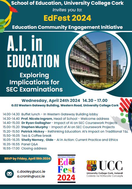 We are looking forward to welcoming everyone to @UCC campus this afternoon for #EdFest24. We have an exciting line up of speakers to explore the impact of A.I. in education!!