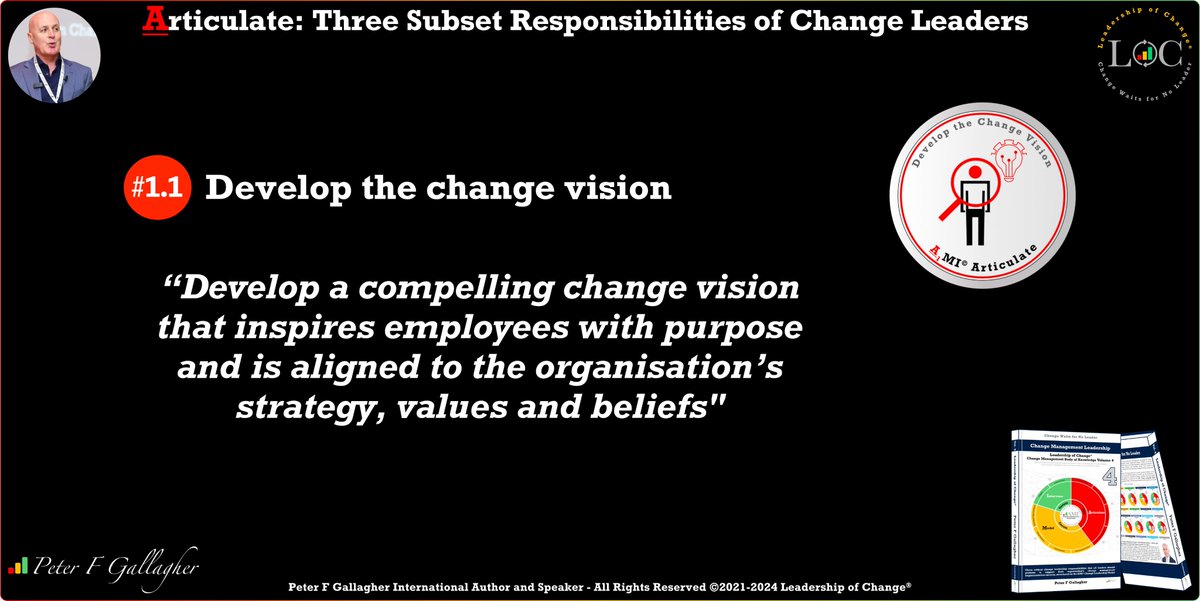 #LeadershipOfChange
Change Management Leadership
AMI1.1 Develop the Change Vision
Develop a compelling change vision that inspires employees with purpose and is aligned to the organisation’s strategy, values and beliefs
#ChangeManagement
bit.ly/3jNYDC6