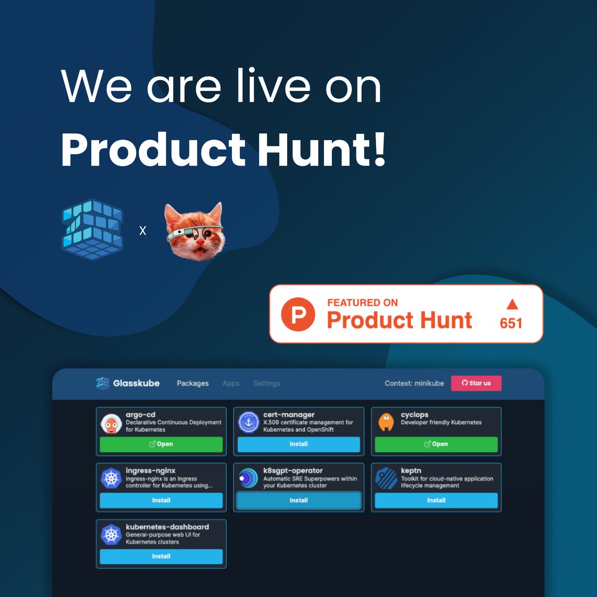 Glasskube is now LIVE on #ProductHunt! 🚀✨ We are so excited to share Glasskube with even more people and let them experience a whole new way of managing packages on Kubernetes 📦 Please share your feedback and support with the PH community 🙏 producthunt.com/posts/glasskube