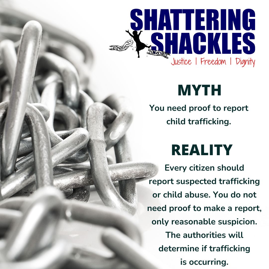 Myth versus Reality
If you have the slightest suspicion, rather report it and let the investigators determine if there is a victim of a crime or abuse.
The South African National Human Trafficking hotline is 0800 222 777.
#shatteringshackles #stophumantrafficking