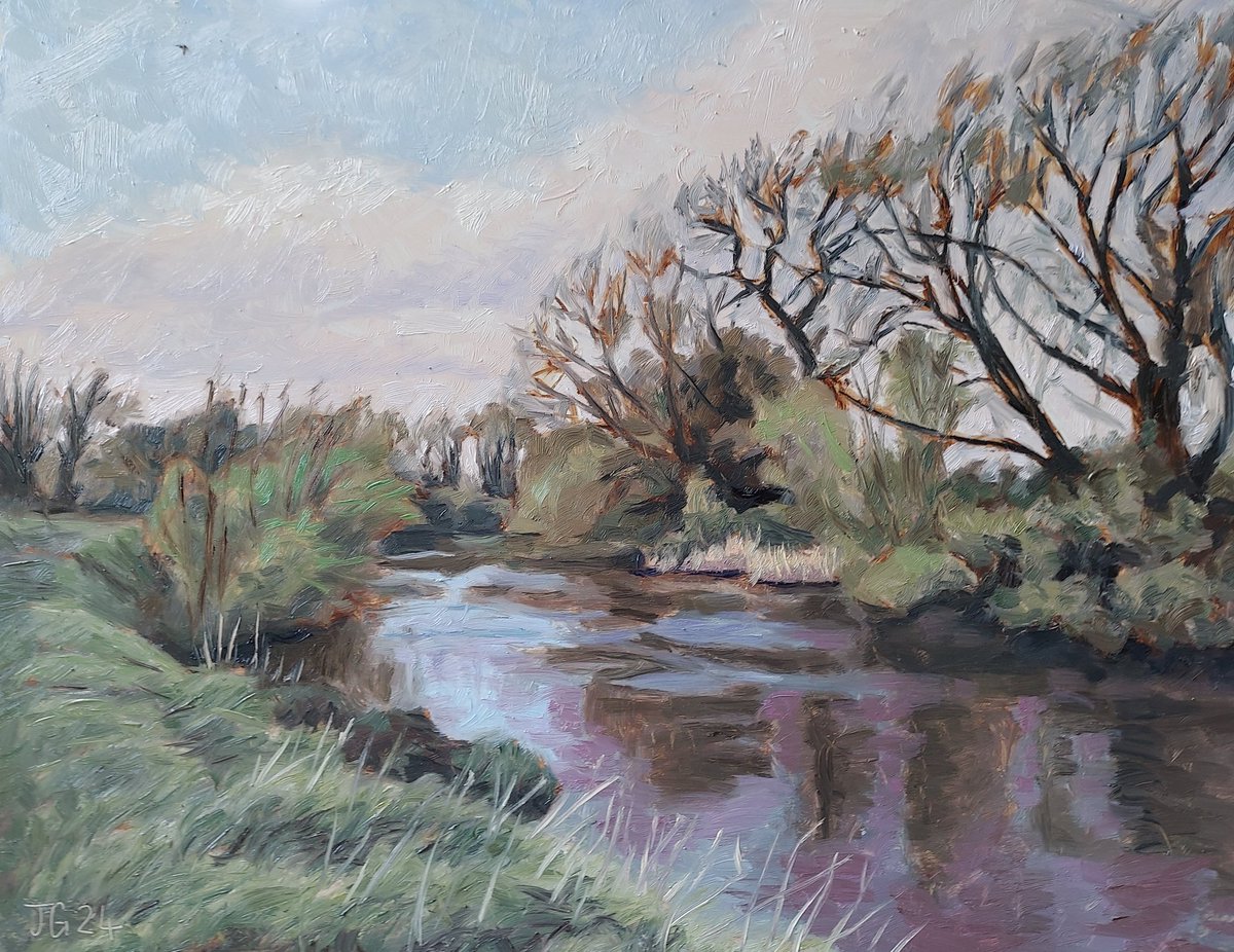 A studio painting from Monday of the river Stour in Kent. Oil on primed panel, 27 x 35 cm. #oilpainter #landscapeoilpainting #riverstourkent #kent #studiopainting #oilpainting #artwork #oilonpanel #landscapepainting #artist