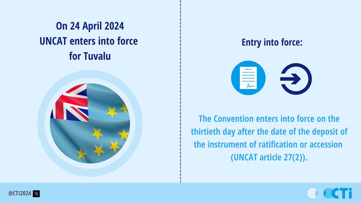 The UN Convention against #Torture entered into force in #Tuvalu 🇹🇻 today! Tuvalu became the 1⃣7⃣4⃣ State Party to the Convention against #Torture on 25 March 2024.