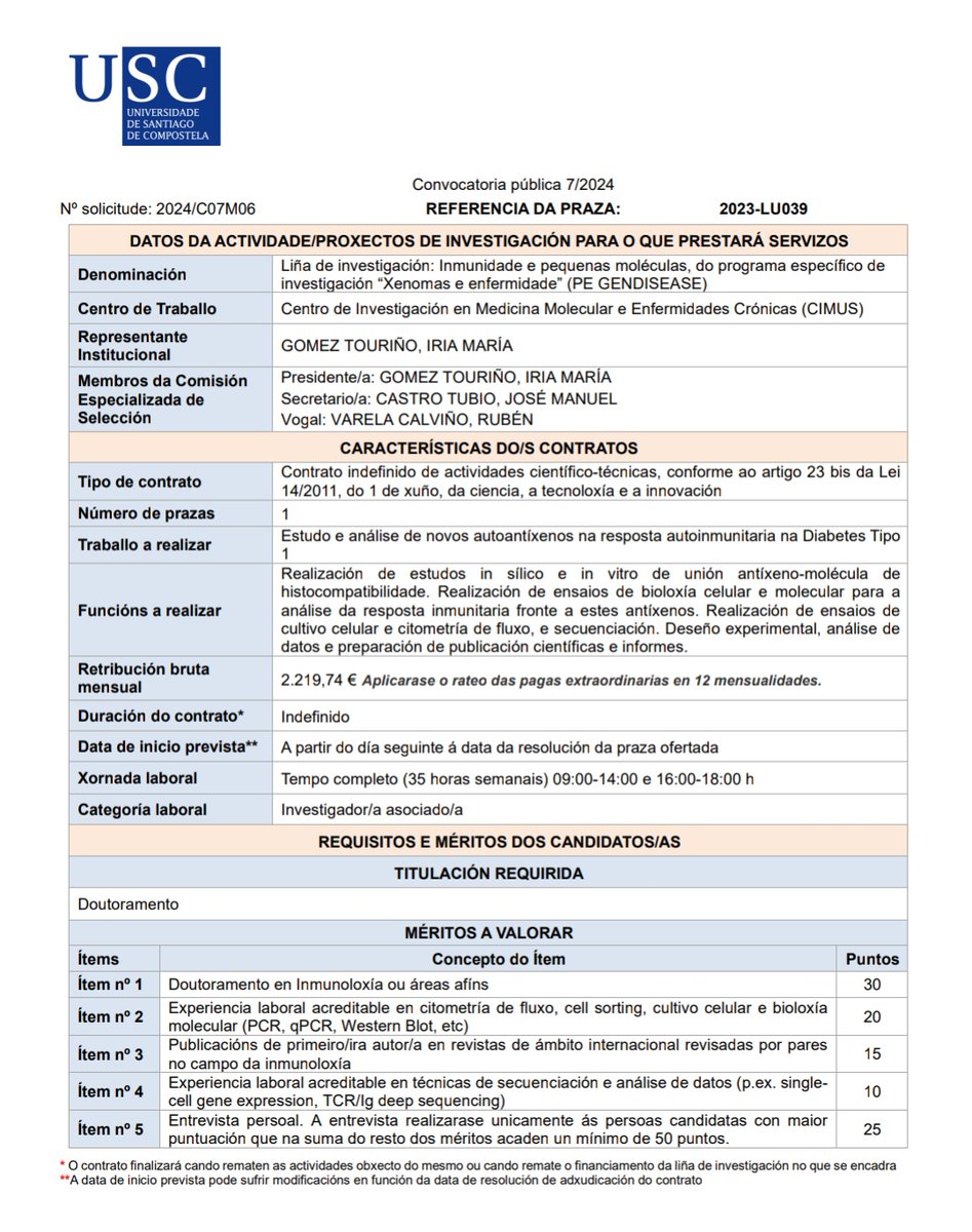 Postdoc application open!!! Please go to the @UniversidadeUSC web below👇🏽 and apply to post 2023-LU039👨🏽‍🔬👩🏽‍🔬. DEADLINE: 30th April, do not miss it! imaisd.usc.es/guiaconvocator… Info on evaluation criteria, salary conditions and more:👀👀👇🏽: