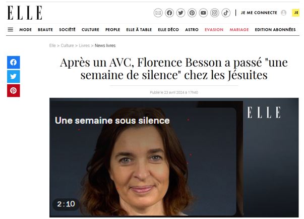 📺 A regarder @ELLEfrance le témoignage de Florence Besson qui, après un AVC, a passé 'une semaine de silence' chez les Jésuites▶️ elle.fr/Loisirs/Livres… #unesemainedesilence @Ed_Flammarion #Sante #récit #jésuite