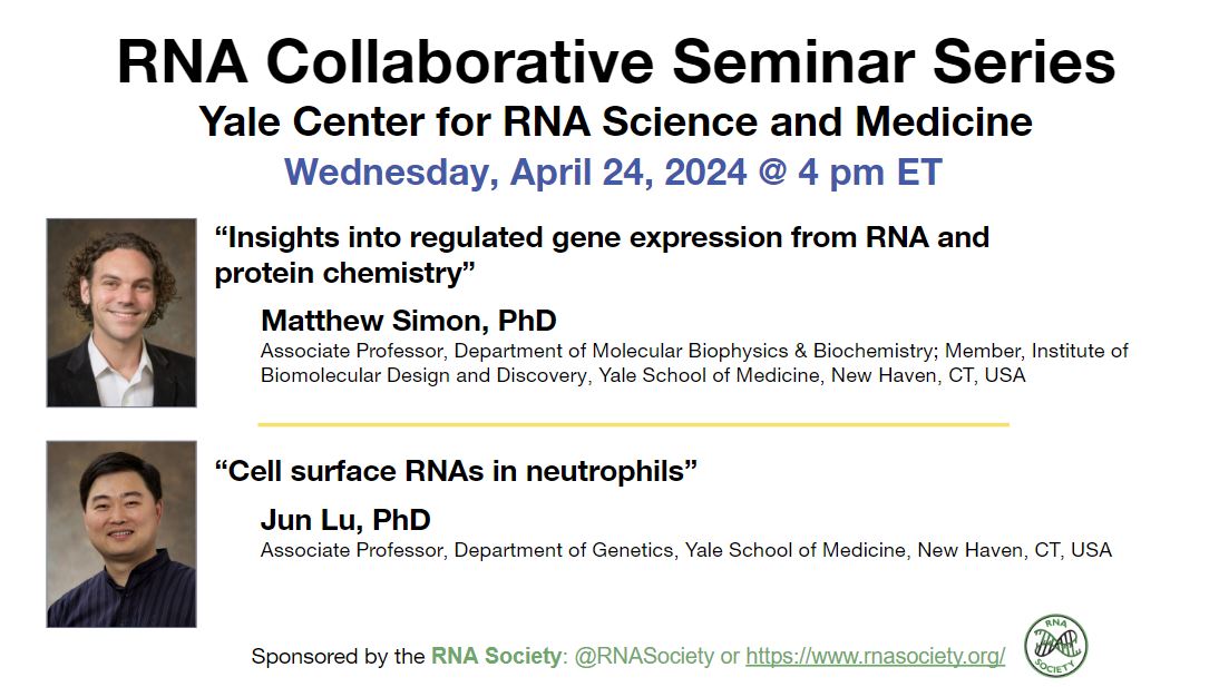 Please join our next virtual RNA Collaborative Seminar on April 24 at 4PM EST hosted by @YaleRNA! To register: us02web.zoom.us/webinar/regist…