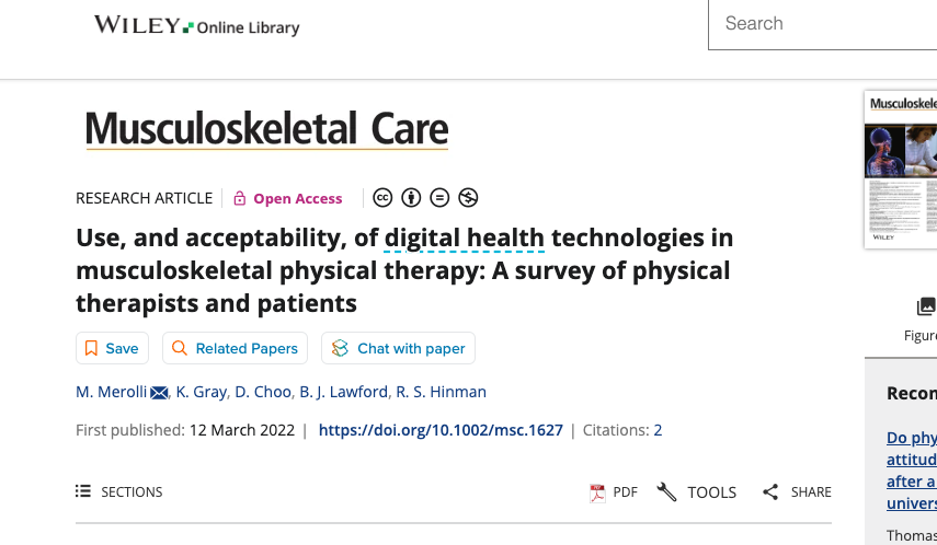 RESEARCH ALERT: Our article in #musculoskeletalcarejournal received enough citations to be a Top 10 #TopCitedArticle in its journal. With @HinmanRana @belinda_lawford @CHESM_unimelb & colleagues . OPEN ACCESS onlinelibrary.wiley.com/doi/full/10.10… #physio #digitalphysiopractice #digitalhealth