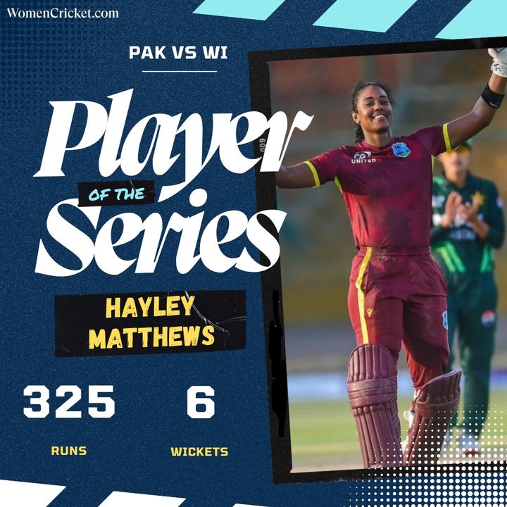 Player of the series: Hayley Matthews 🙌

#women #cricket #HayleyMatthews #PAKvsWI #CricketTwitter #WomenCricket