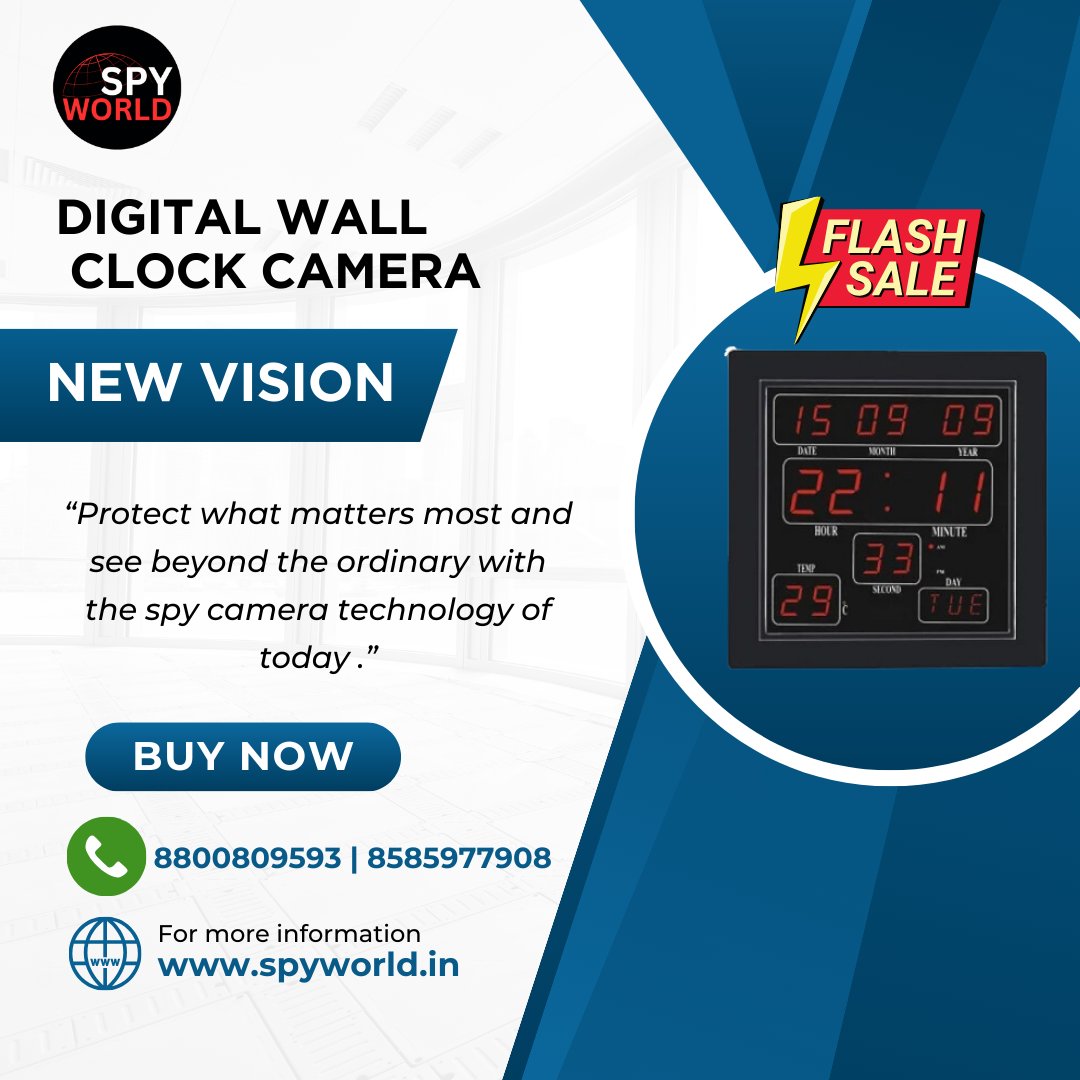 View a Professional Digital Wall Clock Spy Camera Audio Video Recording Support 128 GB SD Card with a Free Demo for Home or Office Security.

For any query:
Call us at 8800809593 | 8585977908
or visit us at: spyworld.in
#digital #wall #clock #spy #camera #megasale