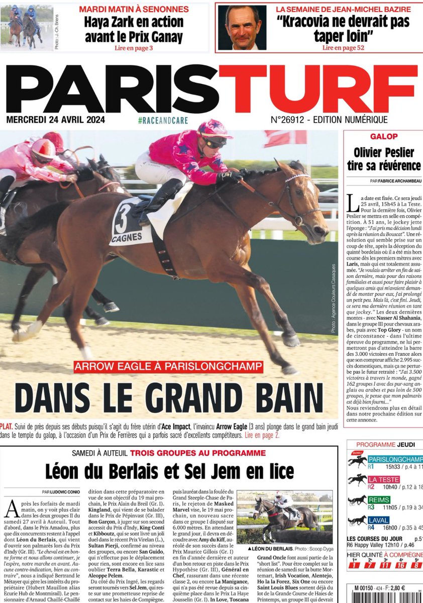 La Une du jour 🗞️ 🔍 Arrow Eagle jeudi à ParisLongchamp 🏁 Haya Zark au départ du Prix Ganay (Gr. I) 📝 La semaine de Jean-Michel Bazire