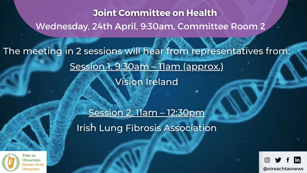 Joint Committee on Health chaired by Deputy @SeanCroweTD meets to discuss measures needed to improve services for persons who are blind or vision-impaired & separately services necessary for persons with lung fibrosis. #SeeForYourself on #OireachtasTV at bit.ly/2KtPKh2