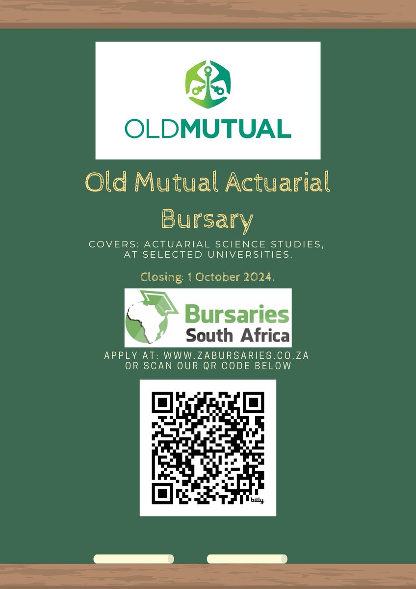 APPLY HERE for the Old Mutual Actuarial Bursary: bit.ly/OMActuarialBur… Covers: Actuarial Science studies, at selected universities Closing: 1 October 2024 #bursary #bursaries #SABursaries #ZABursaries #BursariesSouthAfrica #2025Bursary