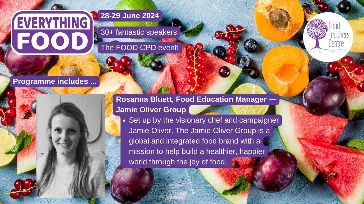 Everything Food - 28/29 June We're thrilled that Rosanna Bluett from @jamieoliver will be talking about their work, especially in schools to support food education & cooking. Fab! 👩🏽‍🏫 30+ presentations 💡create your own #CPD Programme & booking ⤵️ food-teachers-centre.cademy.co.uk/everythingfood