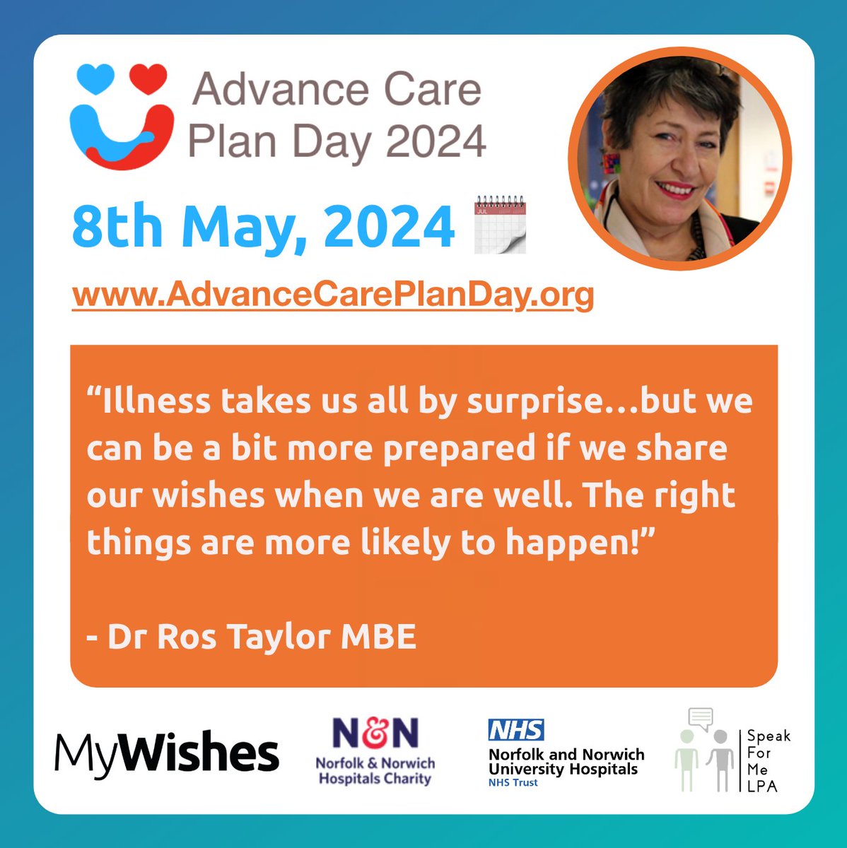 'Illness takes us all by surprise…but we can be a bit more prepared if we share our wishes when we are well. The right things are more likely to happen!'

- Dr Ros Taylor MBE (@hospicedoctor)  

AdvanceCarePlanDay.org 😍

#ACPDay2024 #AdvanceCarePlan #Hospice