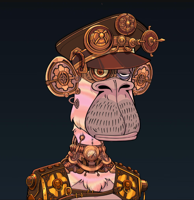 I just added this dude to my collection! Marble Pink Fur (3%) + a neat Victorian Pauldron outfit (2%) + a robotic eyepatch (1%) make for a pretty sweet combo. <a href="/BasedApesNFTs/">Based Apes</a>