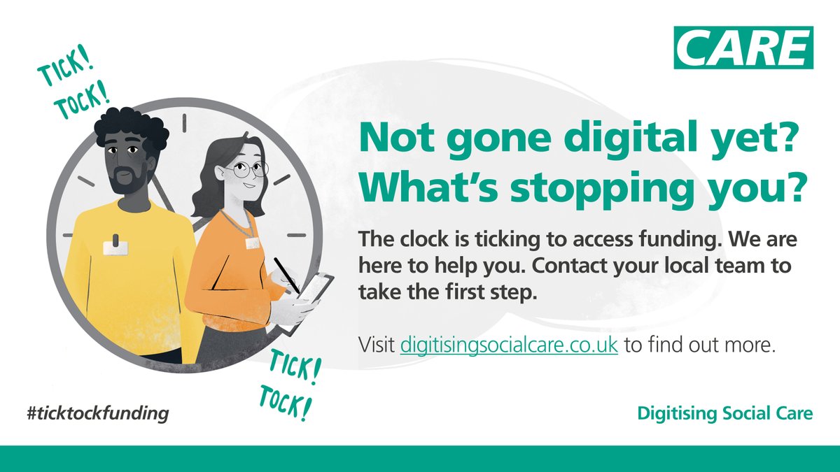 The clock is ticking to apply for the #AdultSocialCare Technology Fund⏰ Read @aliceainsworth's blog which talks about our new drive to ensure that as many people take up the funding offer as possible 👇 beta.digitisingsocialcare.co.uk/news/unlocking… #ticktockfunding