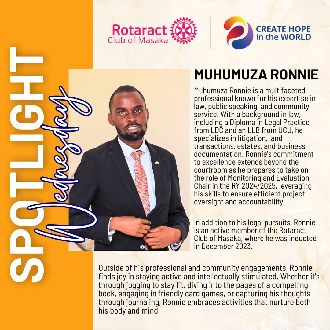 I am very grateful for the wonderful opportunity to serve on the board of the Rotaract Club of Masaka in the Magical year 2024/2025. 

I also invite you all to attend the Installation ceremony for our P.E on 8th June, 2024 at Hotel Next Masaka. Let's commit to service above self