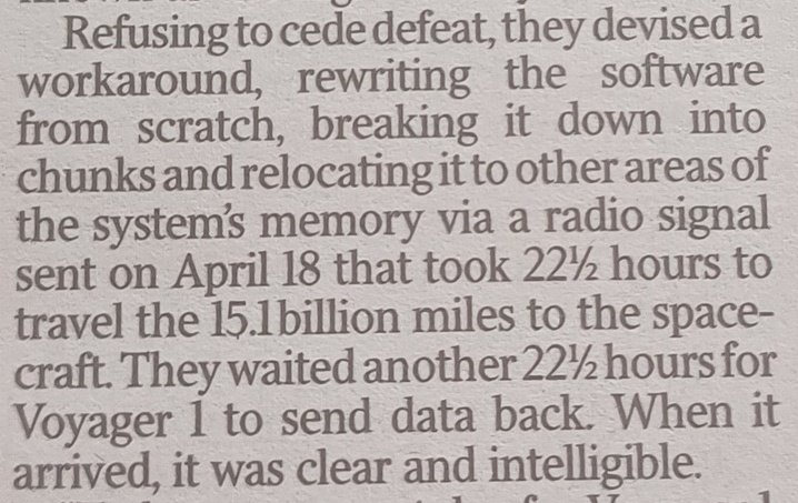 The greatest feat of computer coding, so far, in history. The recovery of Voyager 1. A little bit of humanity sails on in its interstellar journey. The little satellite that can. @NASAVoyager.