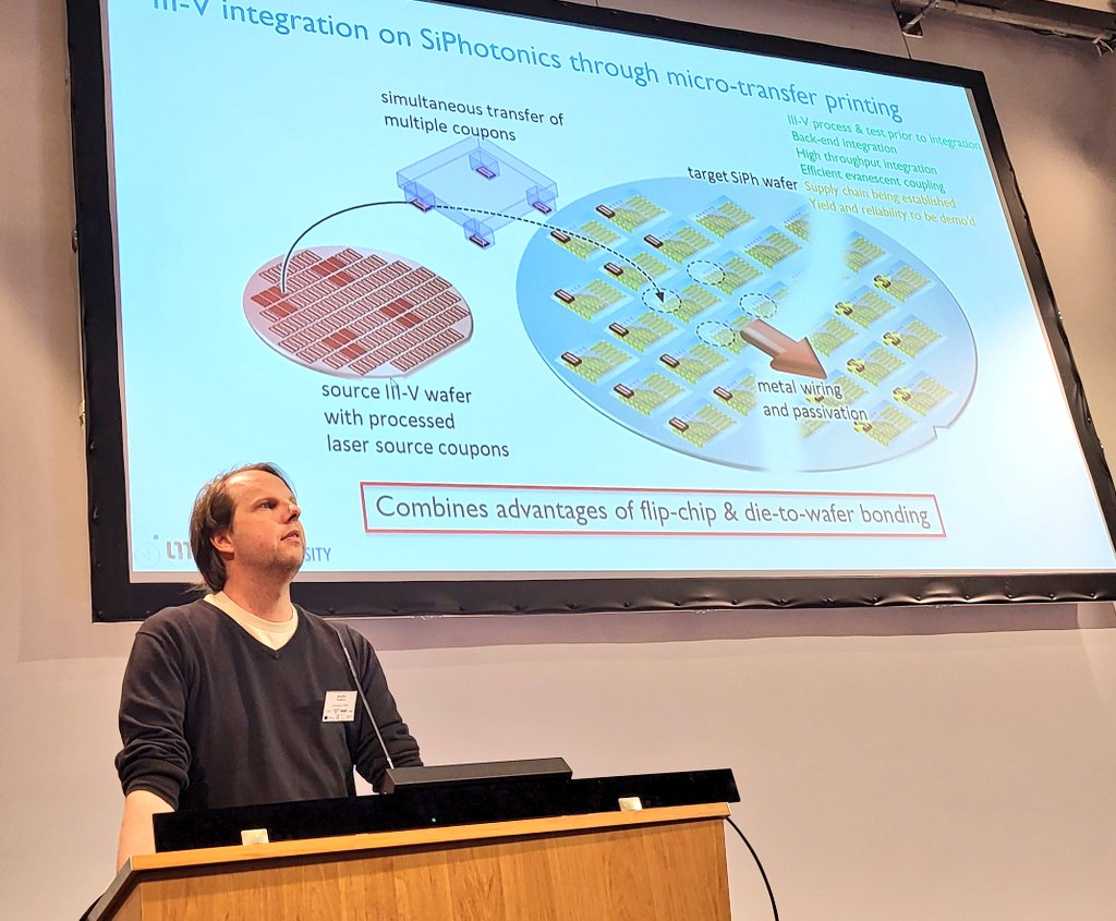 Our one and only @groelken kicks off the second day of the <a href="/epixfab/">ePIXfab</a>  workshop on Heterogeneous Integration hosted by  <a href="/thalesgroup/">Thales Group</a> in Palaiseau. Going through the different techniques to stick III-V to silicon photonics, the story converges on micro-transfer printing