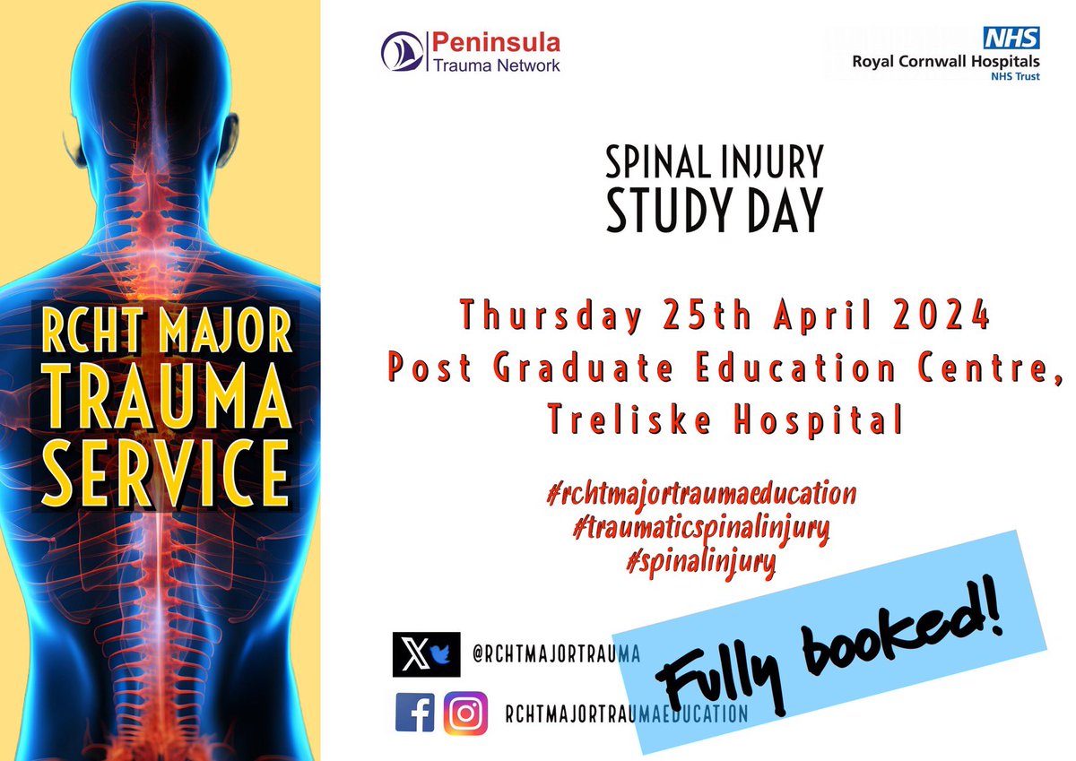 💫 SPINAL STUDY DAY - FULLY BOOKED 💫 📆 Tomorrow we will be hosting our second spinal study day @RCHTWeCare. 👥 With 100 attendees and a fantastic line up of speakers and workshops, we are looking forward to a day of learning and sharing from across the @peninsulatrauma…