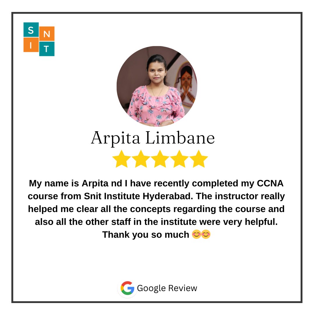 Congratulations Arpita Limbane, on your course completion! 
Thank you for given your Valuable Feedback. All the Best for your Future.
Contact : 9640005999
Feel free to Call us.

#IT #itnetworkingtraining #digitalmarketing #course #snittraininginstitute