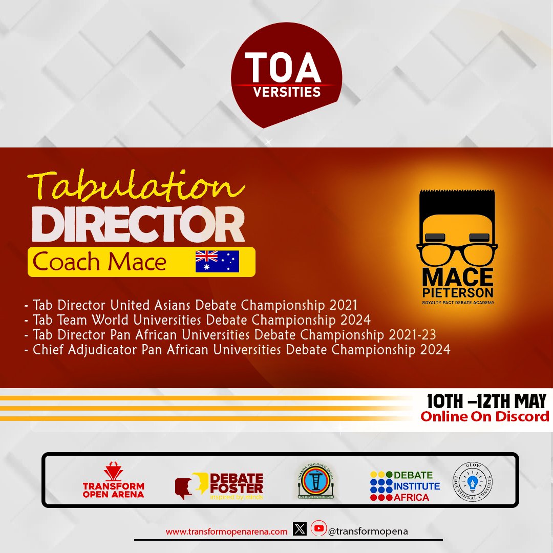 transformopena's tweet photo. #1♨️

The Tab Director Coach Mace, a debate demigod, is coming to TOA Varsities! With unparalleled expertise as a coach, tabber, and adjudicator, and a speaker who shines on the world stage.
➖➖➖

#TOAVarsities #PAUDCKampala #roadtoeaudc2024 #TabTeam #CAP #RegisterNow https://t.co/KIP60h7oyi