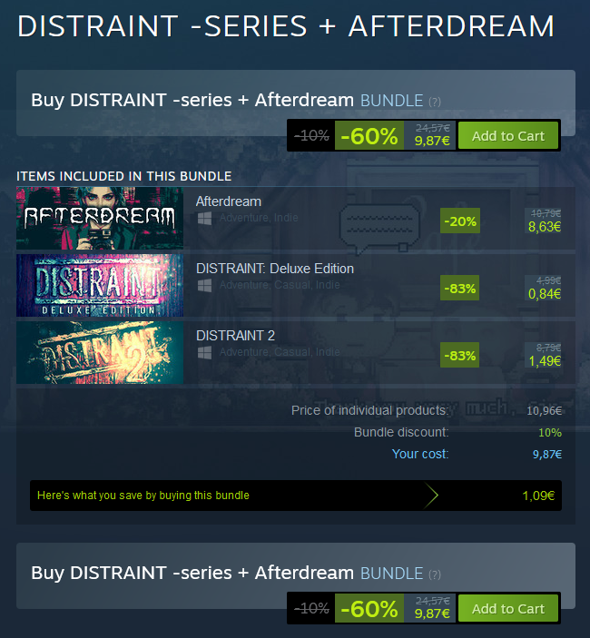 I'm excited to share the DISTRAINT -series + Afterdream bundle with you: store.steampowered.com/bundle/36427/D… For those who don't know, Afterdream occurs in the same universe. Can you find the connections? :) #Steam #SteamDeals #indiegame #horrorgame #game #gaming