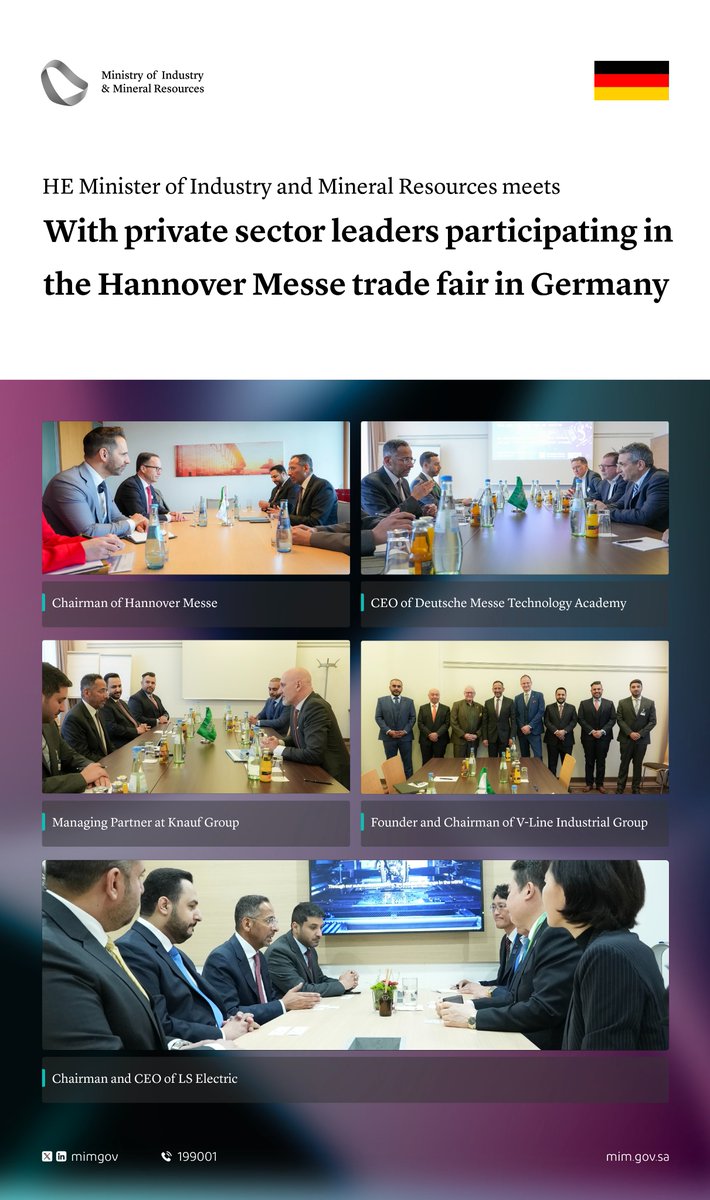 HE Minister of #Industry_and_Mineral_Resources Bandar AlKhorayef held meetings with leaders from the private sector at the Hannover Messe trade fair in Germany.
#HM24