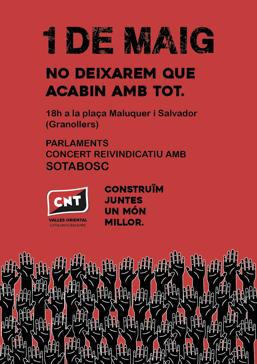 CNTValles's tweet photo. 🔴⚫️ Aquest #1Maig sortim a denunciar la pèrdua de poder adquisitiu, de drets laborals i socials, de llibertats...

🕕 18h
📍 Pl. Maluquer i Salvador, #Granollers
📢 Parlaments sindicals
🎵 Concert a càrrec de Sotabosc

Visca la lluita internacional de la classe treballadora ✊️ https://t.co/NqZvWCVLQA
