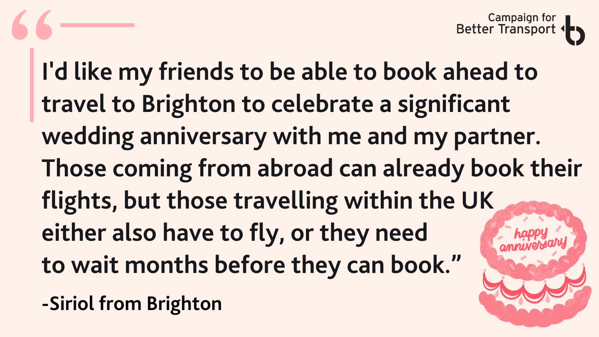 To keep rail competitive with flying we think the booking window should be less restrictive, with the best price tickets available more than 12 weeks in advance. Your plans shouldn't be STUCK because you can't book train tickets👇 bettertransport.org.uk/campaigns/tell…