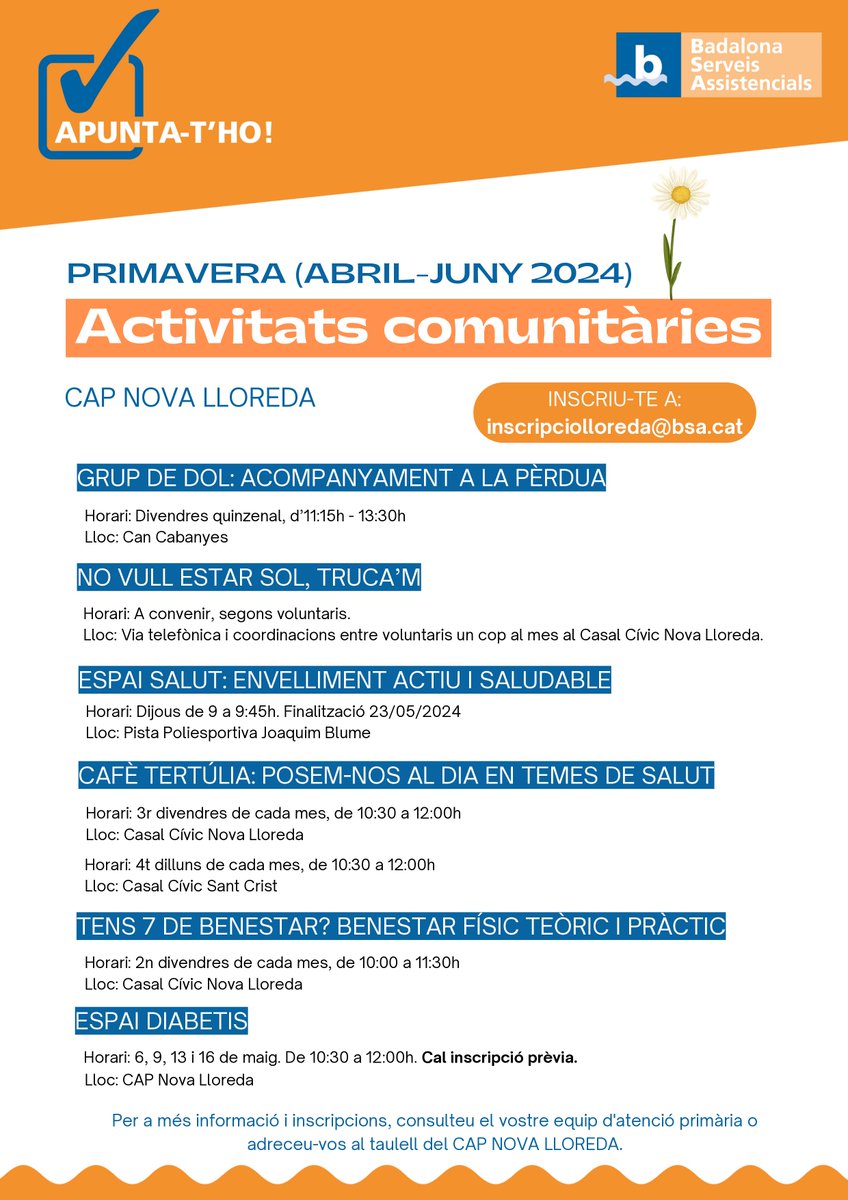 ➡️ 🔎 Coneixeu tota l'activitat grupal que se celebra el CAP Nova Lloreda aquests mesos? 📰 Grup de dol, espai de salut, tens 7 de benestar, espai diabetis...I molt més! Feu-li una ullada 👀⤵️ bit.ly/3PxnSdh