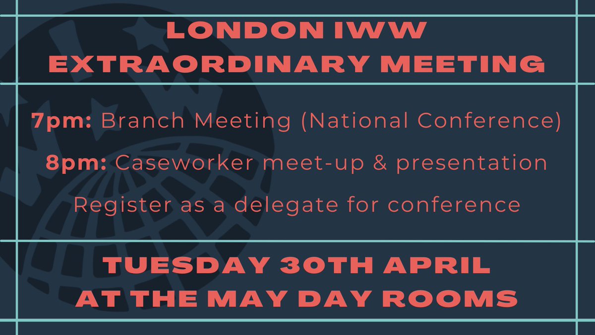 🗓️ Tuesday 30th April ⏰ 7-9pm 🫱🏻‍🫲🏽 Branch meeting ✊ Nat'l conference motions 🤓 Caseworker presentation ✍️ Register for conference 📍@maydayrooms 🍕&🥤for all!