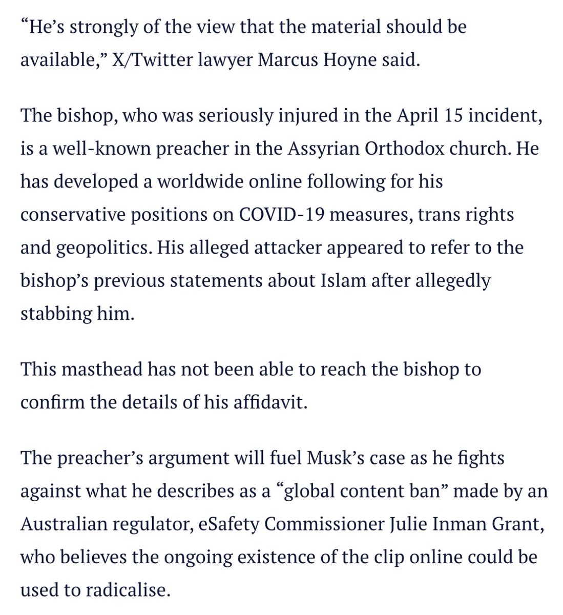 According to Paul Sakkal of the Sydney Morning Herald, Bishop Mar Mari Emmanuel has backed Elon Musk in his battle for free speech, saying he thinks the video of his stabbing shouldn’t be censored. archive.ph/UxIWq