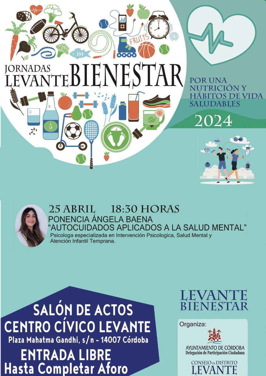¡No te pierdas esta oportunidad única! Mañana jueves 25 de abril, la psicóloga Ángela Baena, de la clínica Metódica de Córdoba, compartirá su experiencia sobre autocuidados en la Salud Mental. ¡Ven y participa en el coloquio para resolver tus dudas! 🗣️