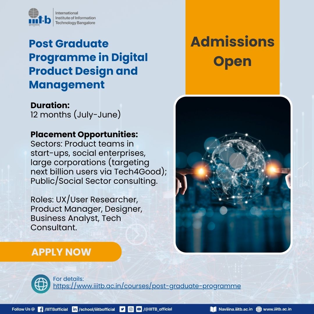 #AdmissionsOpen Post Graduate Programme in Digital Product Design and Management (PGP-DPDM) Duration: 12 months Apply Now: iiitb.ac.in/courses/post-g… #IIITB #IIITBangalore #PGPDPDM