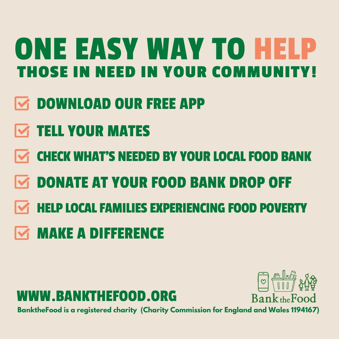 📢There's one easy way to help those in need in your community. Download the free BanktheFood app which connects you directly with your local food bank. The app will ping your smartphone a list of what's most needed to make up emergency food parcels. Make a difference today.