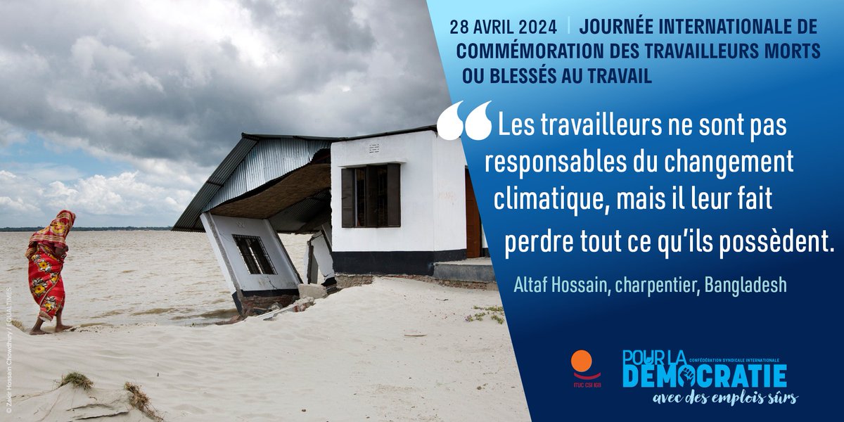 📌28 avril: #IWMD24

Au #Bangladesh, « les travailleurs ne sont pas responsables du #ChangementClimatique, mais il leur fait perdre tout ce qu’ils possèdent »

📰Lire l'article sur @equaltimes : pulse.ly/ssaafq3jkv
Actualités de la CSI👉 pulse.ly/yxagtnbvbt