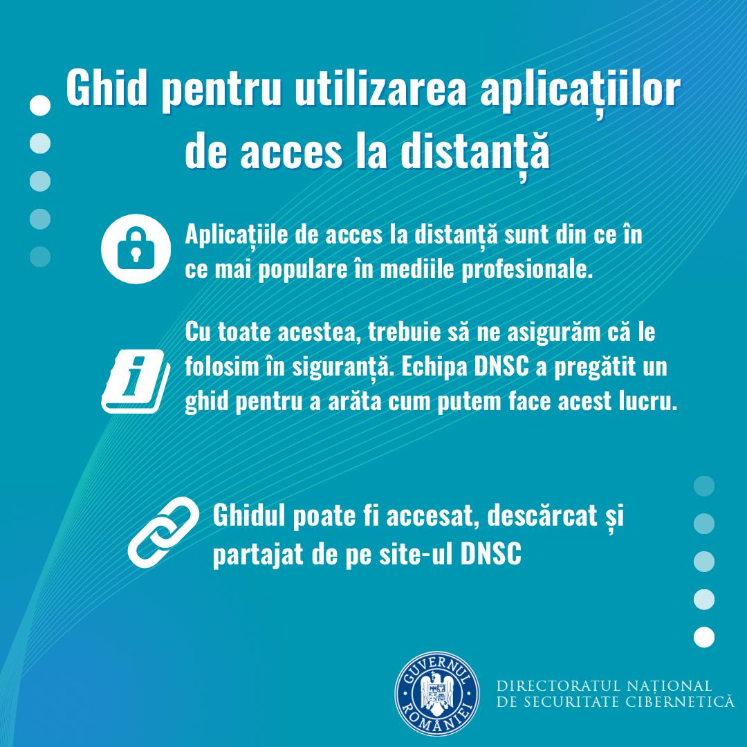 🛜 Este esențial să adoptăm practici eficiente în utilizarea aplicațiilor de acces la distanță pentru a ne asigura că activitățile noastre sunt desfășurate în siguranță. 🔗 dnsc.ro/vezi/document/… #DNSC #SigurantaOnline #awareness