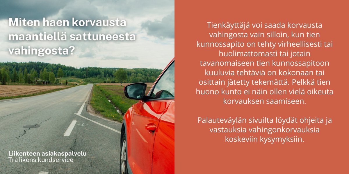 🔸Vahingonkorvausta haetaan ensisijaisesti sähköistä asiointipalvelua käyttäen 💻📲

🔸Hakemuksen käsittely edellyttää, että vahinkoaika ja -paikka sekä vahingon aiheuttaja ja aiheutuneet vahingot on ilmoitettu mahdollisimman tarkasti 📆📍🗺️

#LiikenteenAsiakaspalvelu #ELYkeskus