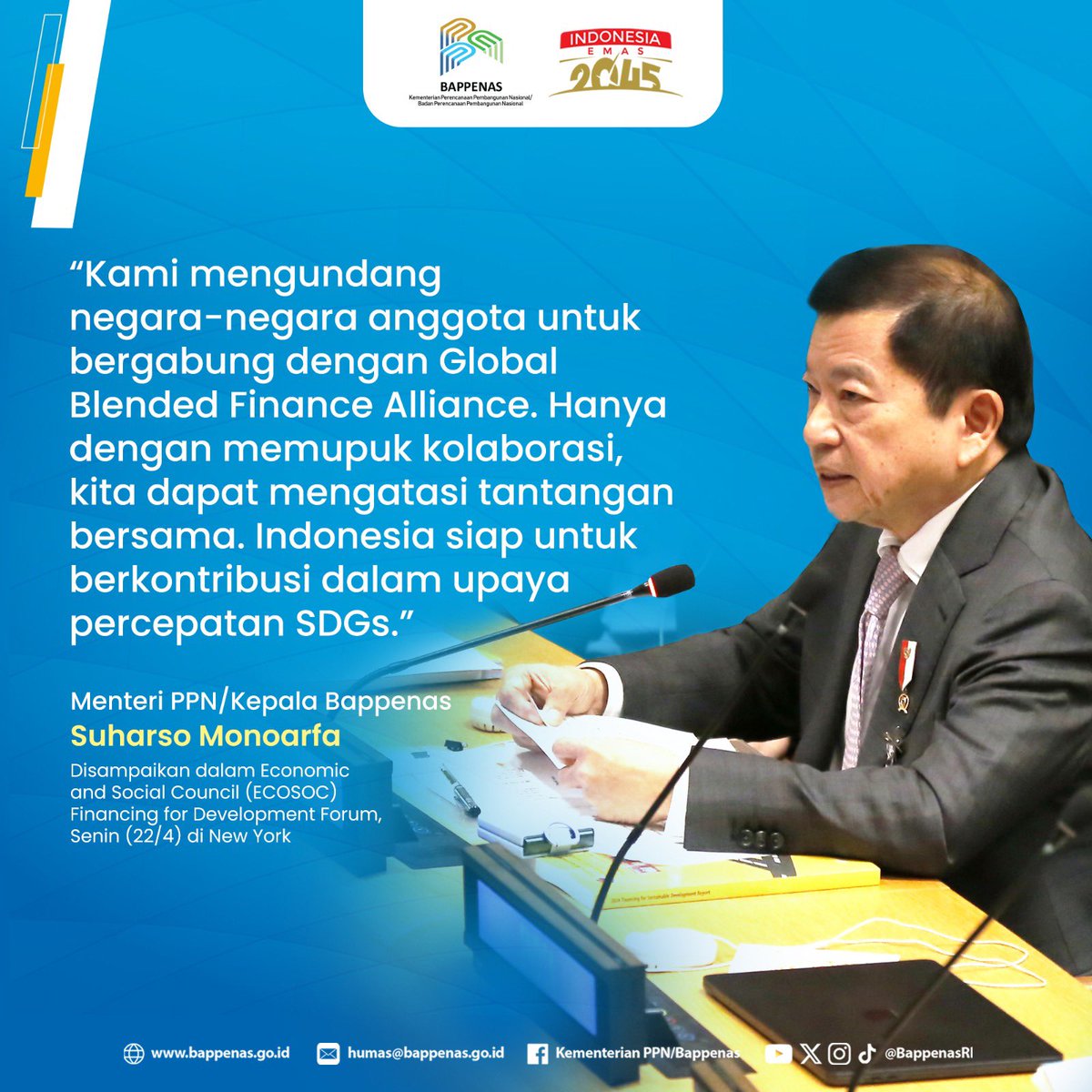 #SahabatPembangunan, dalam Economic and Social Council Financing for Development Forum (22/4), Menteri PPN/Kepala Bappenas @Suharso_M mengajak kolaborasi seluruh pemangku kepentingan untuk menjawab tantangan global.

Simak pembahasan selengkapnya melalui bappenas.go.id.