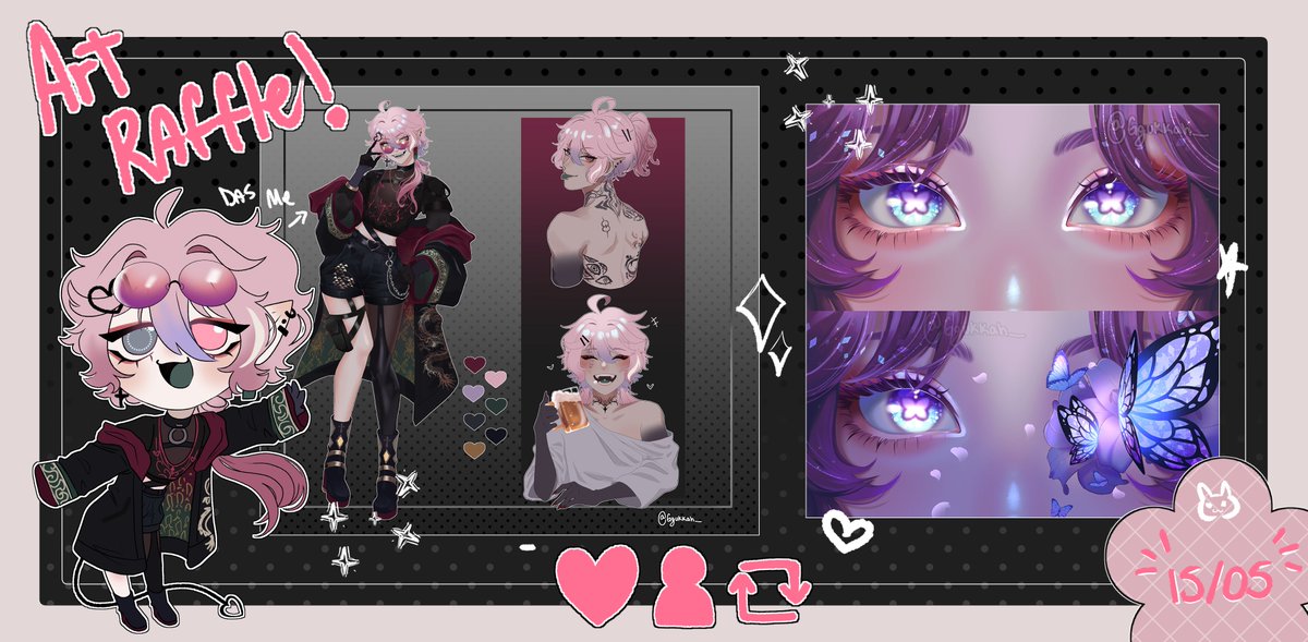✨˚⋆‧ART RAFFLE⋆˚ ✨ 
I just notice we're +300, welcome to the cult 🦍
🌸First place: Simple reference sheet 
🌸Second place: Eye banner 

To enter: 
⤷❤️+👤+🔄(required)
⤷Comment a image of your oc/vtuber! Or a good meme 🗿
⤷ENDS 15/05 (winner will be picked the next day!)