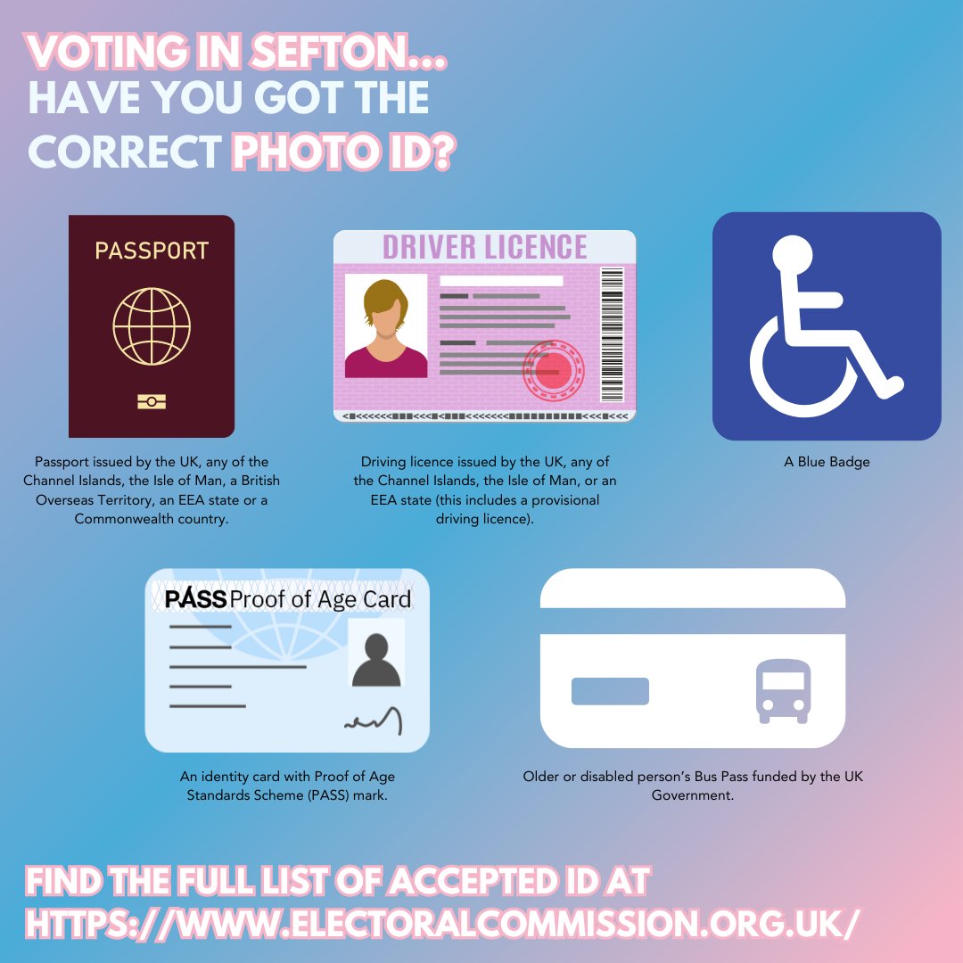 Make sure you have the correct photo ID when you go to vote on Thursday 2nd May!📅📸 If you don't have the correct photo ID, you can still apply for free voter ID but be quick... The deadline to apply is today at 5pm!⏰ Find out more at sefton.gov.uk/elections #MySefton