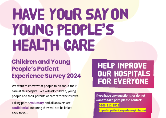 📢 Help improve our hospitals! We will be asking children, young people and their parents or carers what they think about their care at our hospitals. If selected to take part, you will receive a letter and text reminders. You’ll then be asked to answer some questions online.