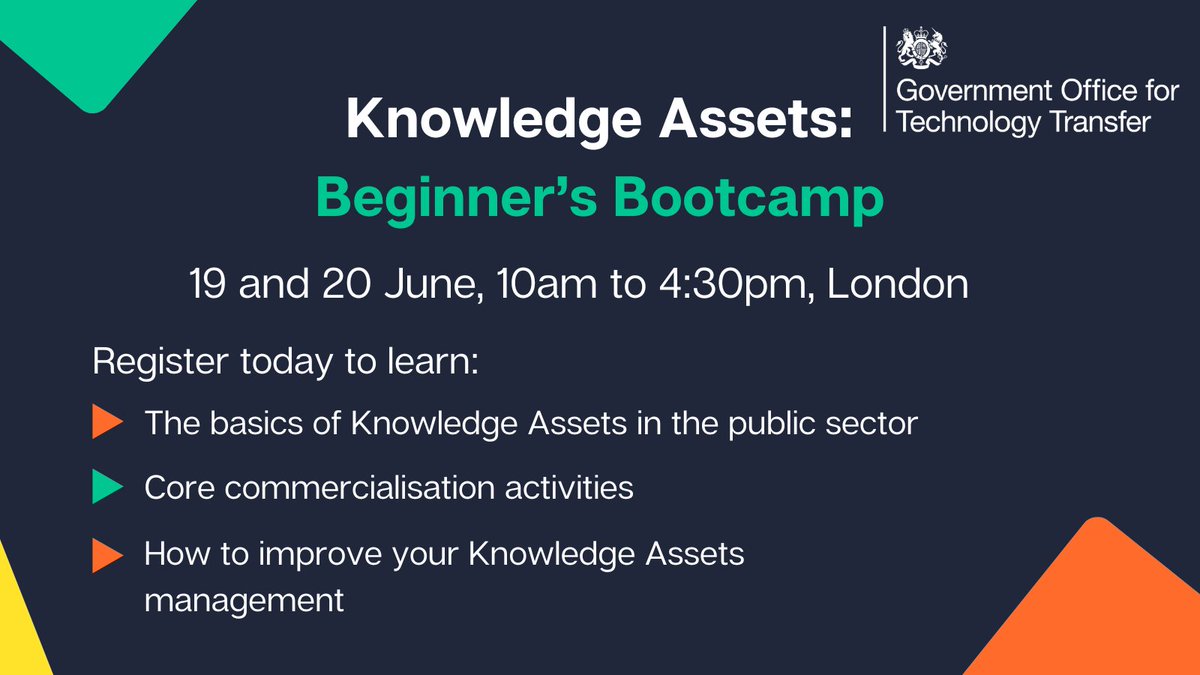 Register today for our two-day  Knowledge Assets Beginner's bootcamp 👉eventbrite.co.uk/e/801243941197…

This exciting workshop is aimed at those:
✅working in the public sector 
✅new to Knowledge Asset management
✅new to tech transfer 
✅looking to gain new skills