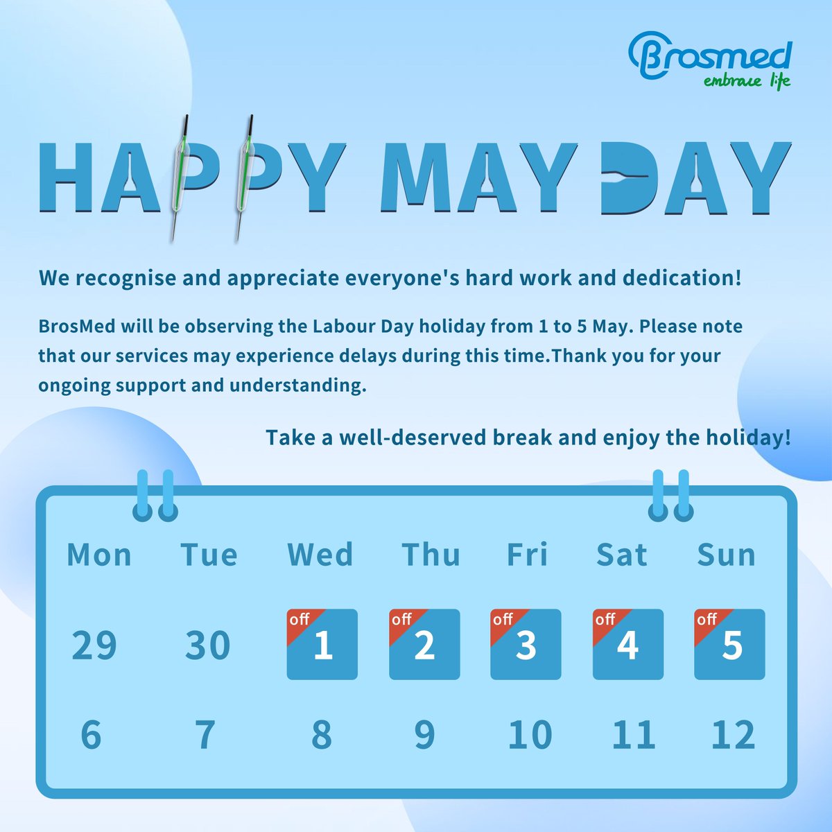As the world gears up to celebrate May Day, we at BrosMed want to express our deepest appreciation for the hard work and commitment shown by workers everywhere. Wishing you all a relaxing and enjoyable Labor Day holiday! 💼🌟
#HolidayNotice #LaborDay #MayDay #ThankYouWorkers